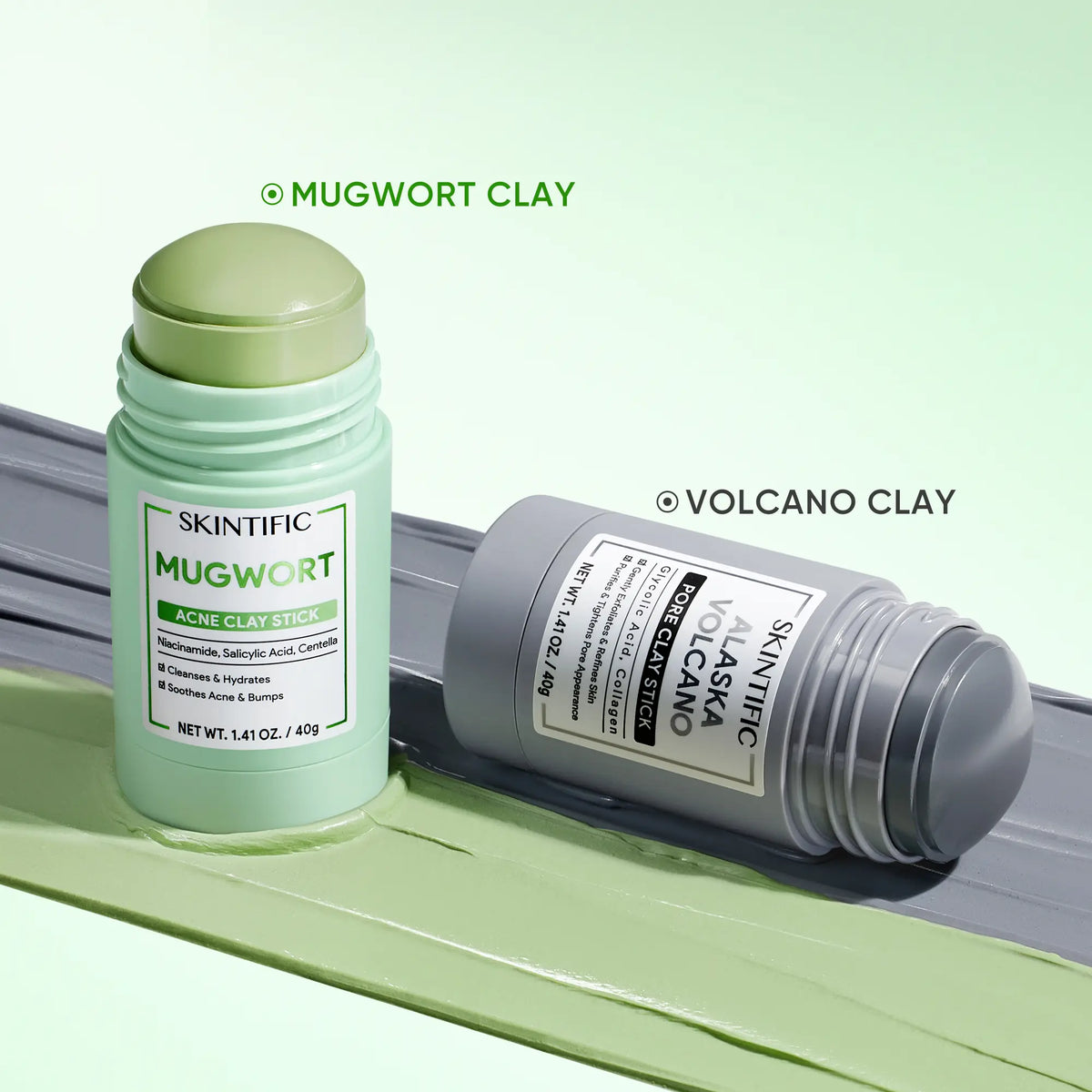SKINTIFIC Mugwort & Volcano Clay Stick Twin Combo - Glycolic Acid & Salicylic Acid Exfoliating Duo - Gentle Non-Drying Clay Mask Sticks