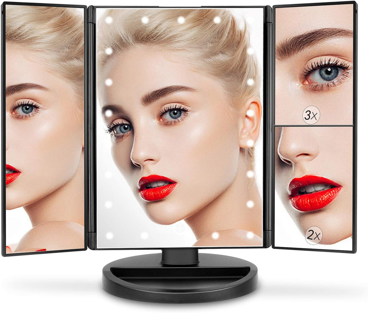 Tri-Fold Lighted Vanity Makeup Mirror with 21 LED Lights, Touch Screen and 3X/2X/1X Magnification Mirror, Two Power Supply Mode Tabletop Makeup Mirror,Travel Cosmetic Mirror