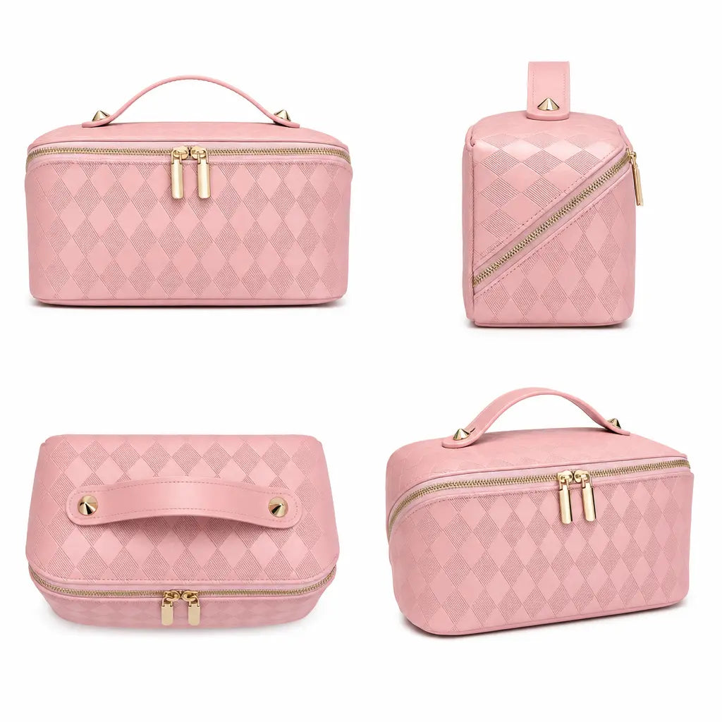 Travel Makeup Bag for Women, Lay-Flat Quilted Cosmetic Organizer, Waterproof and Portable Makeup Bag, Slanted Opening, Toiletry Bag, PU Cosmetic Organizer Bag, Handheld Cosmetic Pouch, Gift for Her