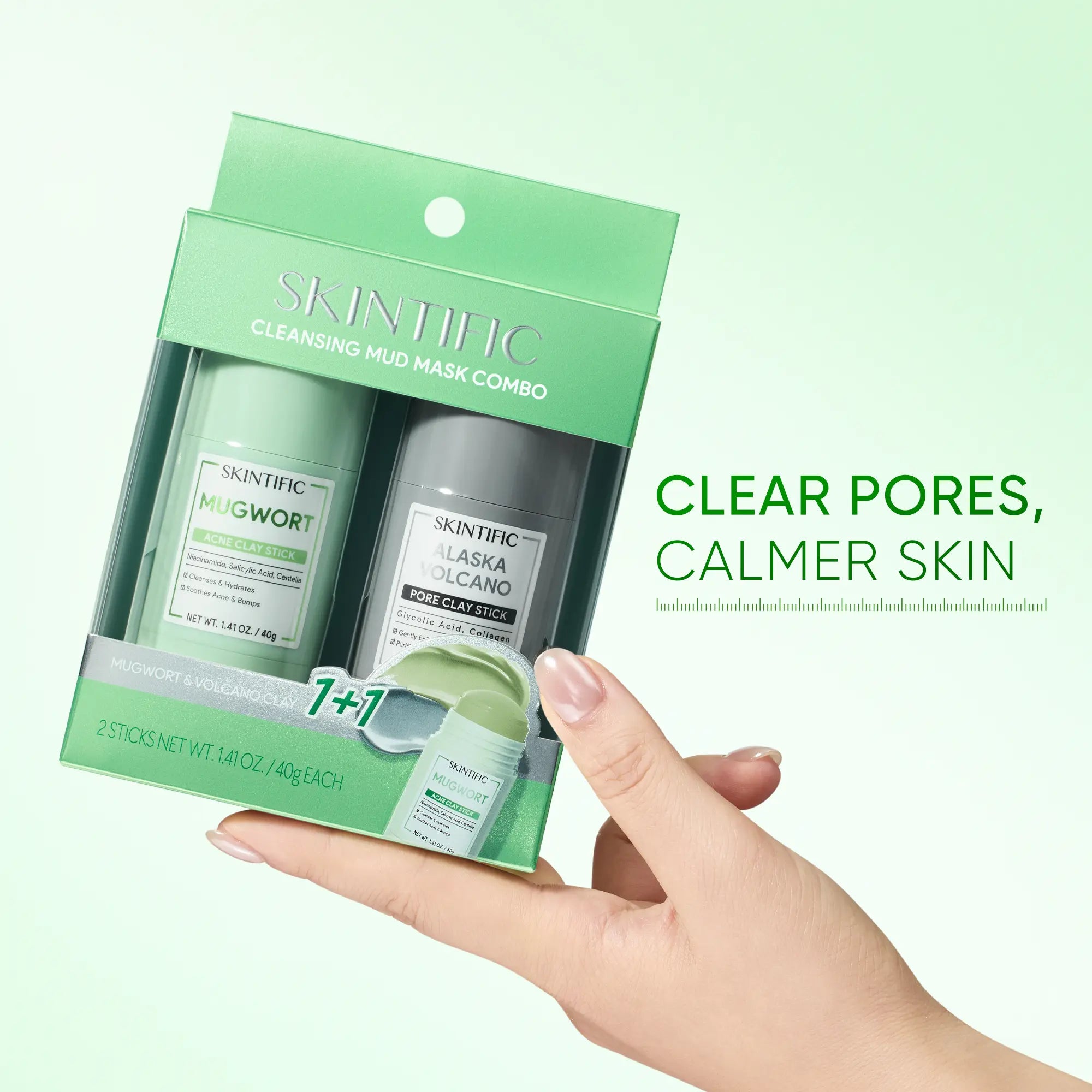 SKINTIFIC Mugwort & Volcano Clay Stick Twin Combo - Glycolic Acid & Salicylic Acid Exfoliating Duo - Gentle Non-Drying Clay Mask Sticks