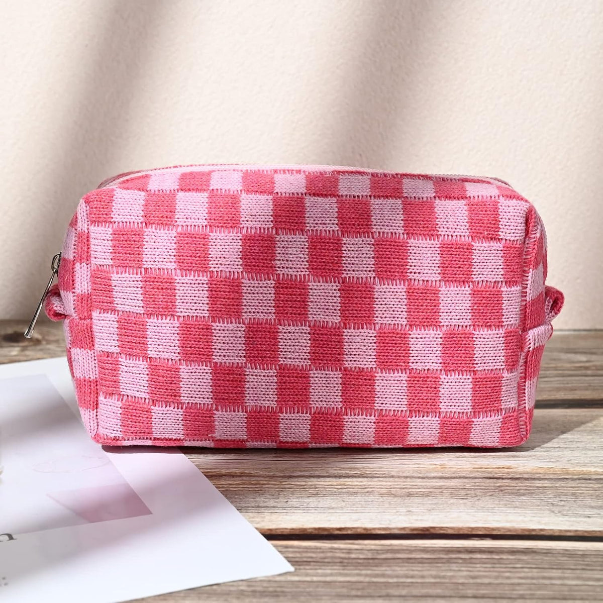2 Pieces Makeup Bag Large Checkered Cosmetic Bag Pink Capacity Canvas Travel Toiletry Bag Organizer Cute Makeup Brushes Aesthetic Accessories Storage Bag for Women