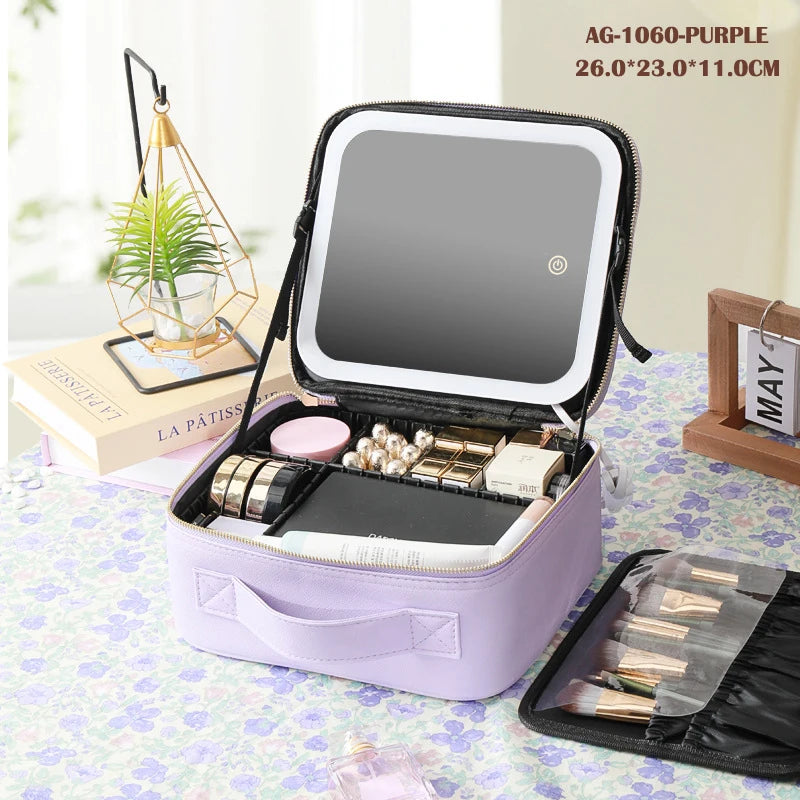 portable travel makeup storage with LED mirror