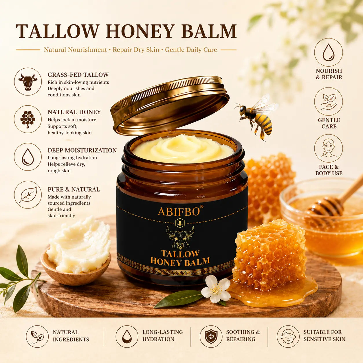 Grass-Fed Beef Tallow Cream with Raw Honey, Deep Moisturizer for Dry Sensitive Skin, Nourishing Face & Body Cream, Natural Clean Skincare for Soft Smooth Skin