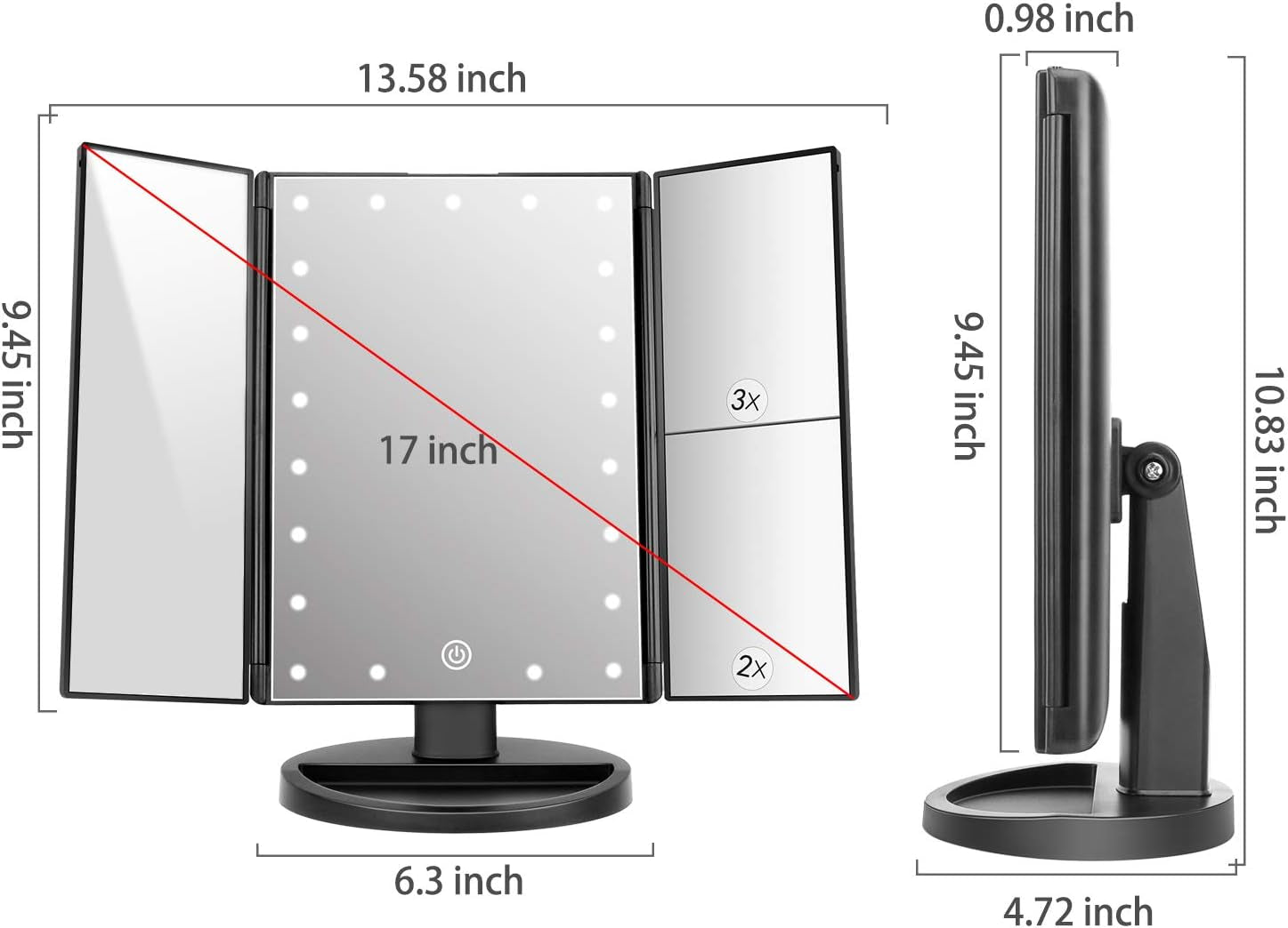 Tri-Fold Lighted Vanity Makeup Mirror with 21 LED Lights, Touch Screen and 3X/2X/1X Magnification Mirror, Two Power Supply Mode Tabletop Makeup Mirror,Travel Cosmetic Mirror