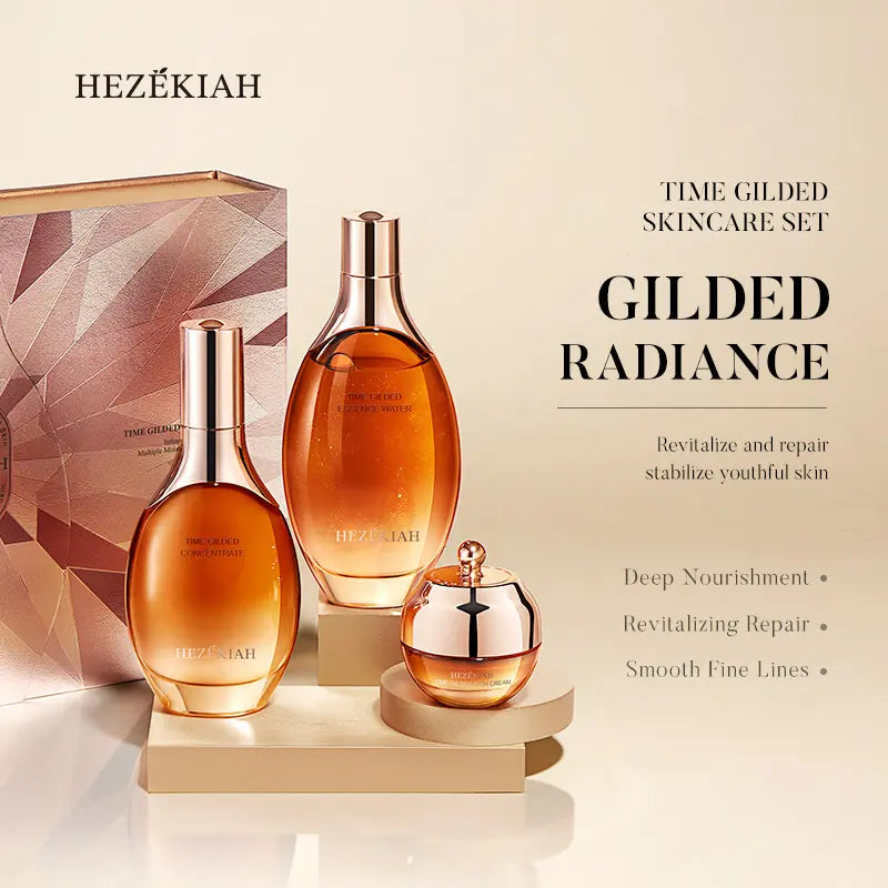 HEZEKIAH Time Gilded Radiance 3-Step Anti-Aging Firming Skincare Set - Moisturizer-Infused, Deeply Hydrates, Smooths Fine Lines, Boosts Skin Elasticity, Hydrate, Firming Set, for Women, Beauty Gift Sets
