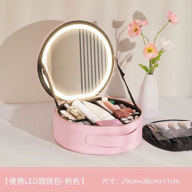 portable travel makeup storage with LED mirror