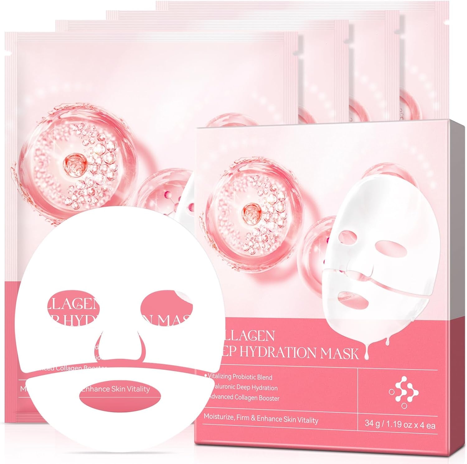 Bio-Collagen Real Deep Mask, Hydrating Overnight Mask, Pore Minimizing, Collagen Overnight Mask for Hydrate, Brighten, Shrink Pores, Soothe, Repair, Korean Face Mask (4P) (Pink)
