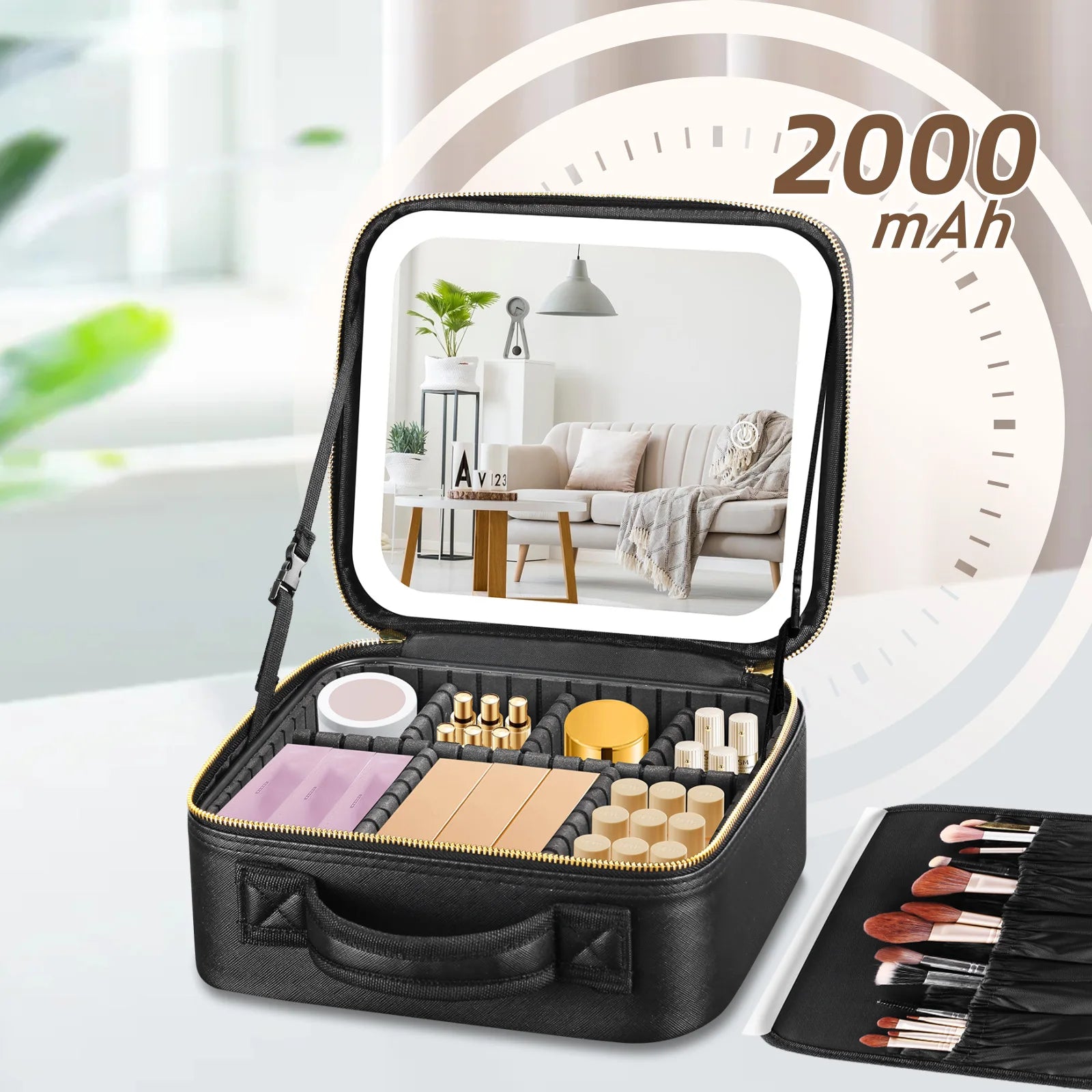 portable travel makeup storage with LED mirror