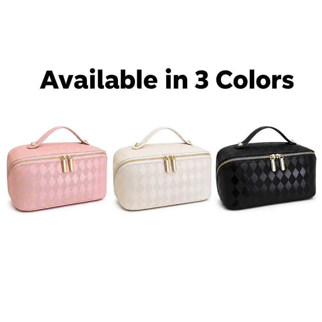 Travel Makeup Bag for Women, Lay-Flat Quilted Cosmetic Organizer, Waterproof and Portable Makeup Bag, Slanted Opening, Toiletry Bag, PU Cosmetic Organizer Bag, Handheld Cosmetic Pouch, Gift for Her