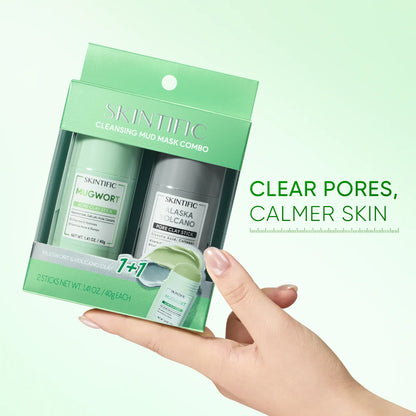 SKINTIFIC Mugwort &amp; Volcano Clay Stick Twin Combo - Glycolic Acid &amp; Salicylic Acid Exfoliating Duo - Gentle Non-Drying Clay Mask Sticks