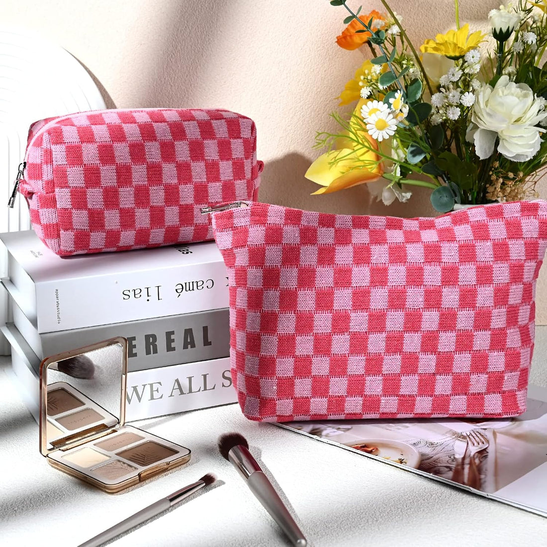 2 Pieces Makeup Bag Large Checkered Cosmetic Bag Pink Capacity Canvas Travel Toiletry Bag Organizer Cute Makeup Brushes Aesthetic Accessories Storage Bag for Women