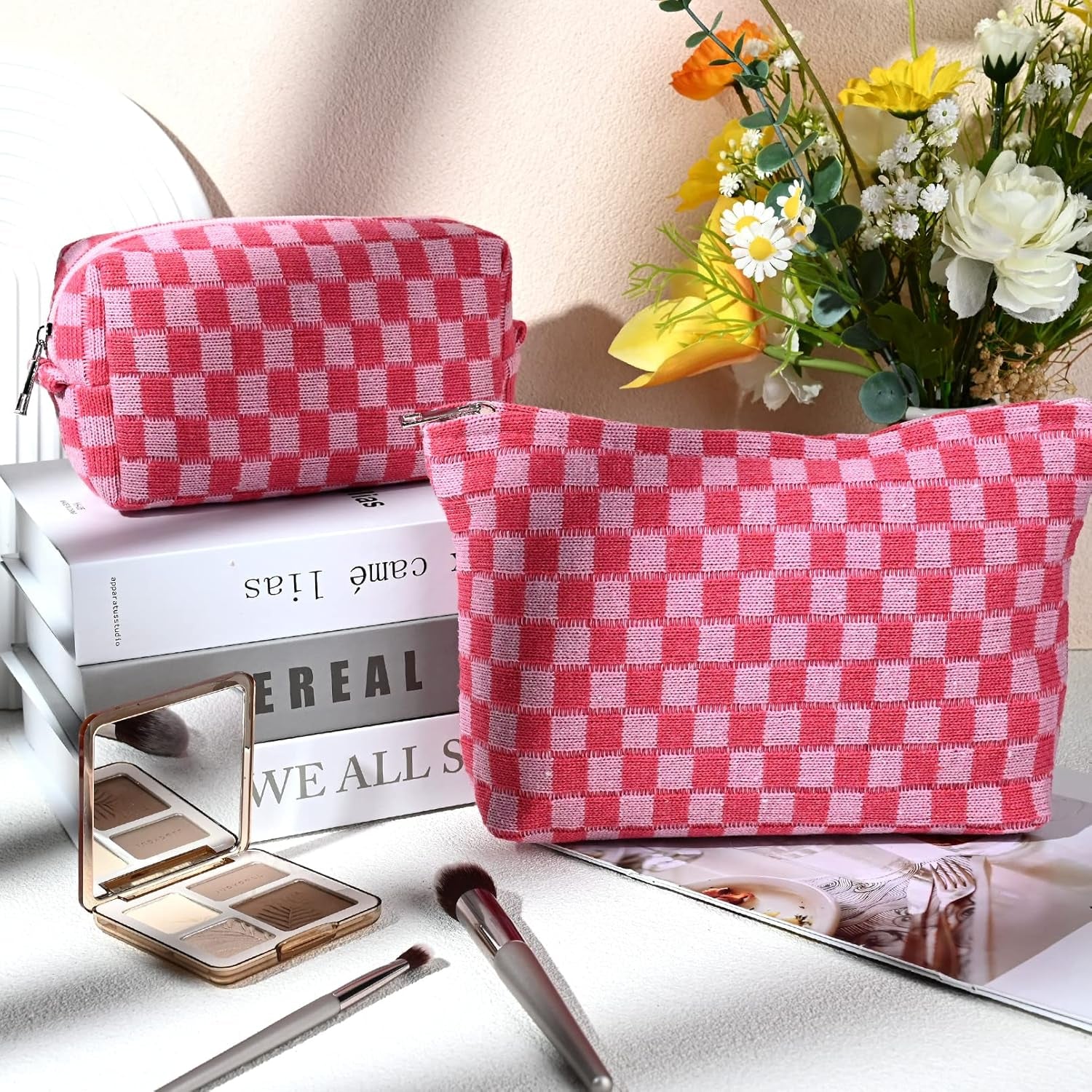 2 Pieces Makeup Bag Large Checkered Cosmetic Bag Pink Capacity Canvas Travel Toiletry Bag Organizer Cute Makeup Brushes Aesthetic Accessories Storage Bag for Women