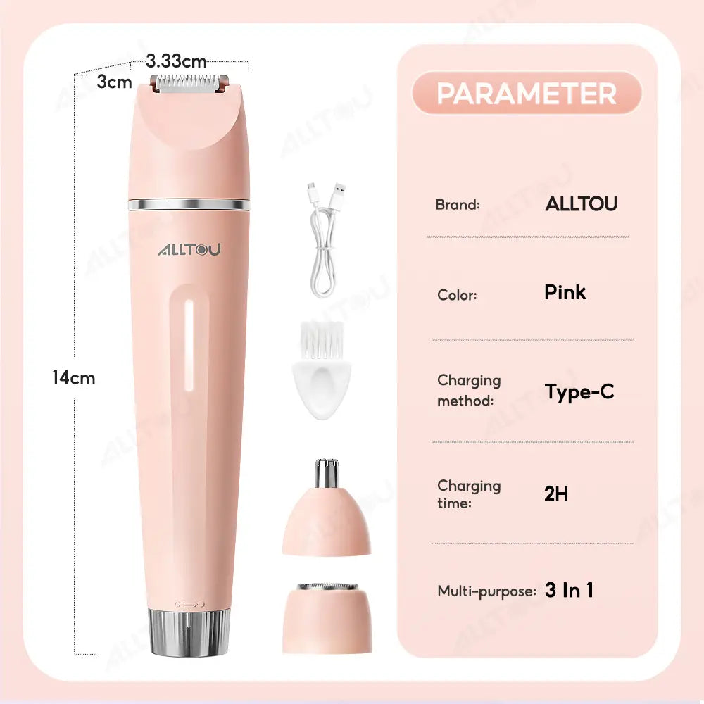 Alltou 3-In-1 Bikini Trimmer for Women, Electric Shaver &amp; Body Hair Remover, Rechargeable Hair Removal Tool with Replaceable Heads for Pubic Hair, Bikini Area, Face, Underarms and Legs,Dorm Essentials Tiktokshopbacktoschool