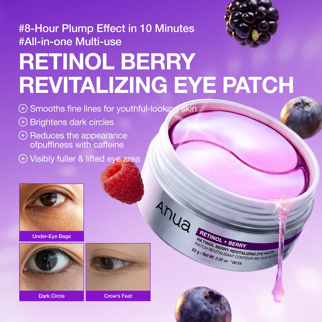 [Anua] Retinol Berry Revitalizing Eye Patch for Wrinkle and Dark Circles(60Ea), 8Hour Plumping Effect in 10 Minutes, Fuller Looking &amp; Lifted Skin, Hyal-Plumping Effect, Brightens Undereye by Antioxidant Berry Extracts, Relieves Puffiness with Caffeine