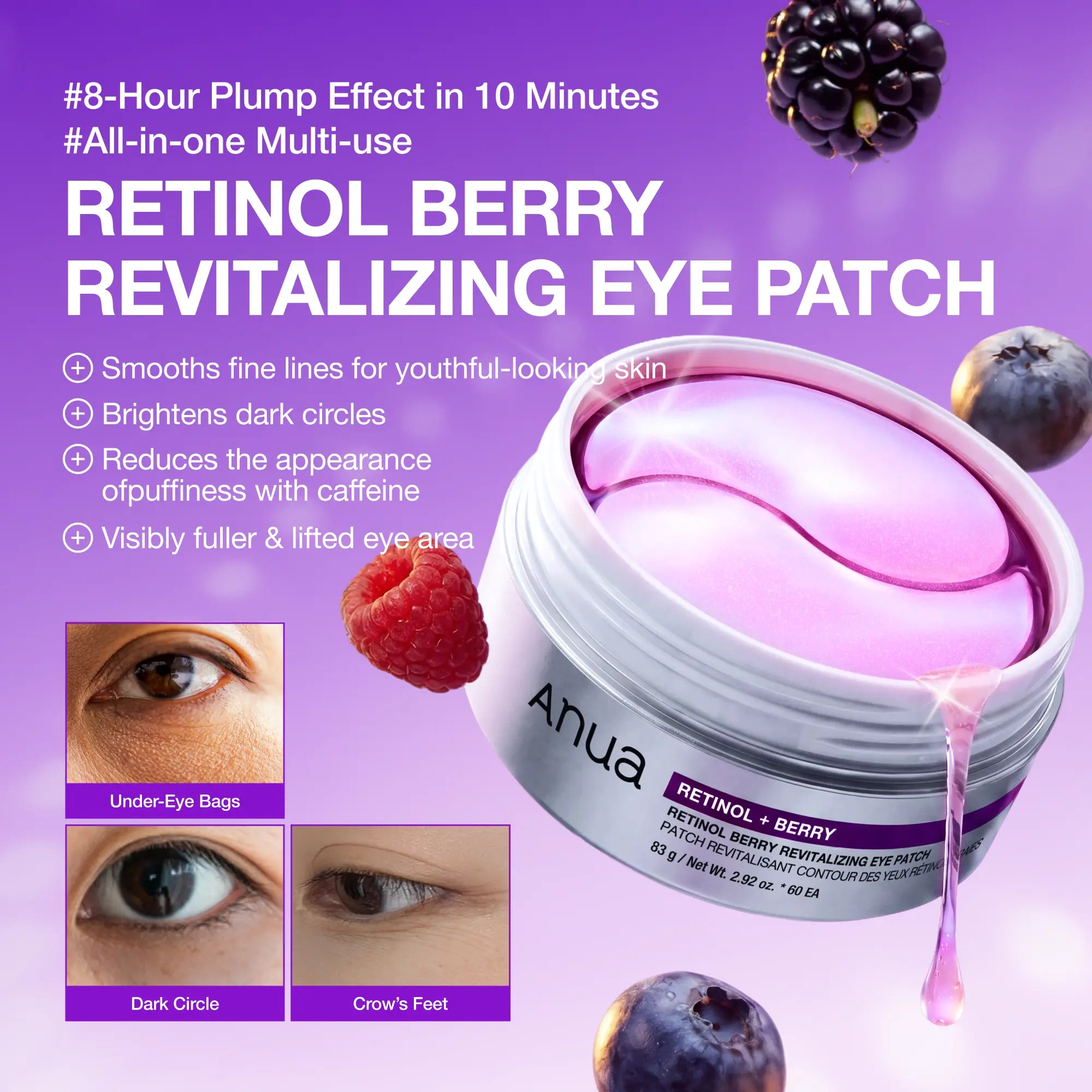 [Anua] Retinol Berry Revitalizing Eye Patch for Wrinkle and Dark Circles(60Ea), 8Hour Plumping Effect in 10 Minutes, Fuller Looking &amp; Lifted Skin, Hyal-Plumping Effect, Brightens Undereye by Antioxidant Berry Extracts, Relieves Puffiness with Caffeine