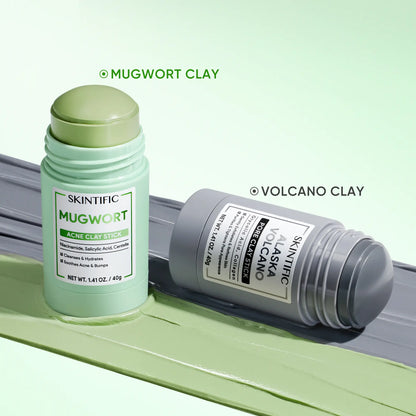 SKINTIFIC Mugwort &amp; Volcano Clay Stick Twin Combo - Glycolic Acid &amp; Salicylic Acid Exfoliating Duo - Gentle Non-Drying Clay Mask Sticks