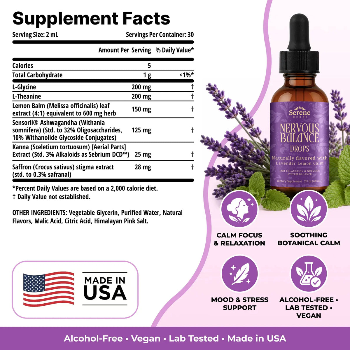 Serene Herbs Nervous Balance Drops – Calm Support Liquid, Lavender Lemon, 2 Fl Oz