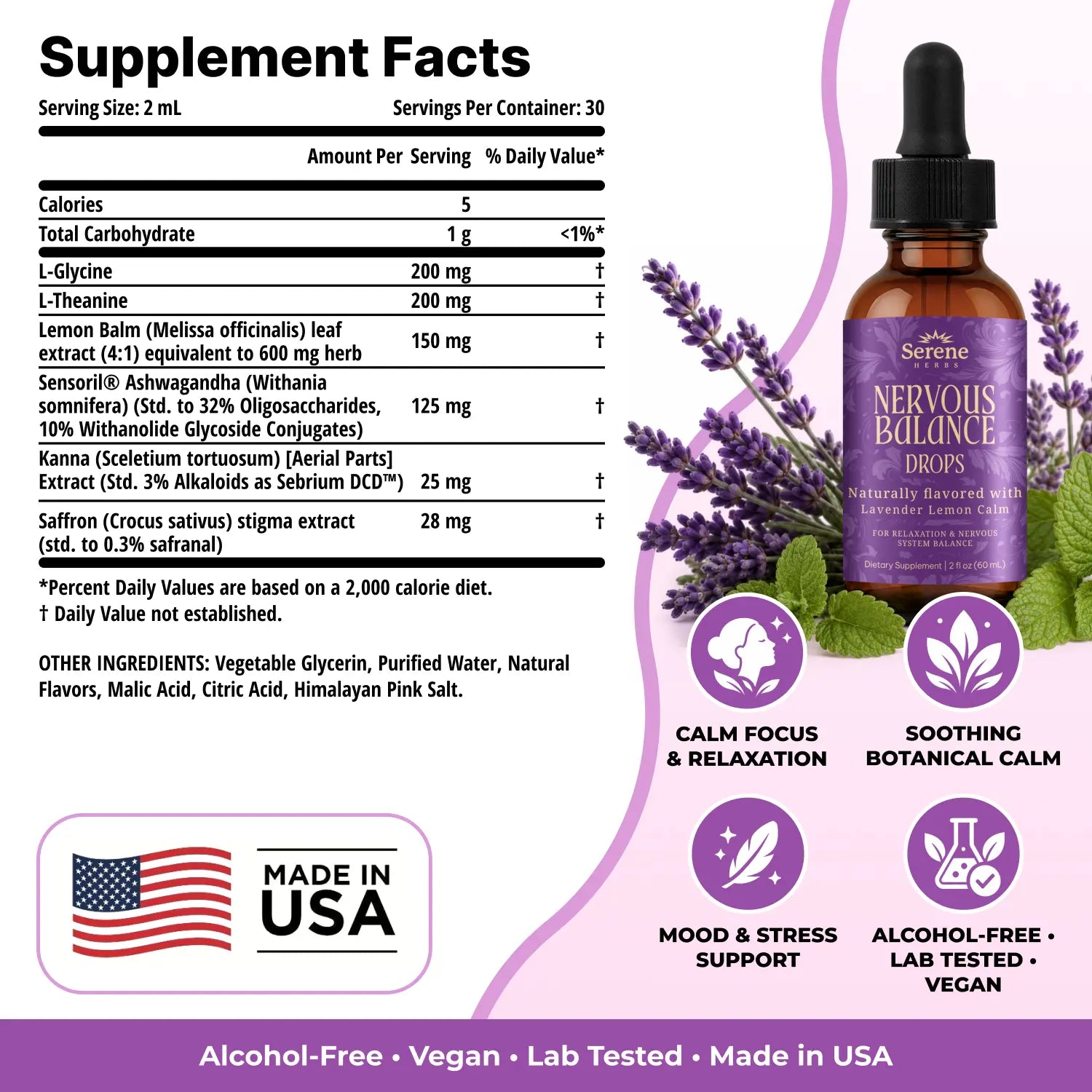Serene Herbs Nervous Balance Drops – Calm Support Liquid, Lavender Lemon, 2 Fl Oz