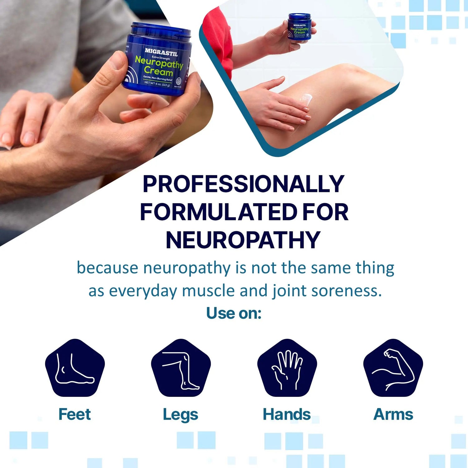 Migrastil Neuropathy Cream - Soothing Cream 3-Pack for Feet, Legs, Hands, Etc. Aloe Shea Butter Gentle Clove Moisturizing Body Care Daily. HSA/FSA Eligible