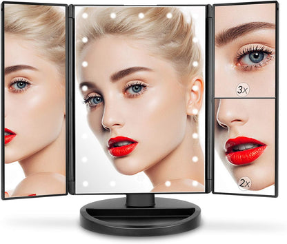 Tri-Fold Lighted Vanity Makeup Mirror with 21 LED Lights, Touch Screen and 3X/2X/1X Magnification Mirror, Two Power Supply Mode Tabletop Makeup Mirror,Travel Cosmetic Mirror