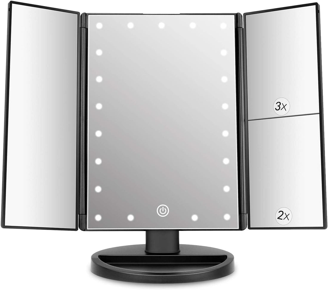 Tri-Fold Lighted Vanity Makeup Mirror with 21 LED Lights, Touch Screen and 3X/2X/1X Magnification Mirror, Two Power Supply Mode Tabletop Makeup Mirror,Travel Cosmetic Mirror
