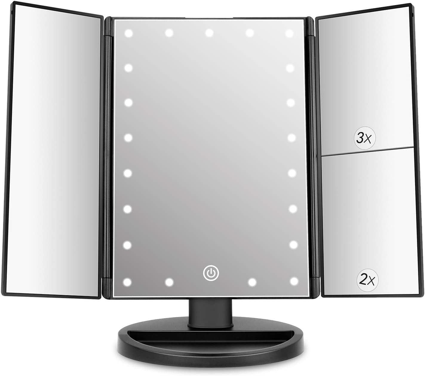 Tri-Fold Lighted Vanity Makeup Mirror with 21 LED Lights, Touch Screen and 3X/2X/1X Magnification Mirror, Two Power Supply Mode Tabletop Makeup Mirror,Travel Cosmetic Mirror
