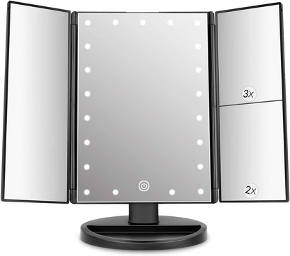 Tri-Fold Lighted Vanity Makeup Mirror with 21 LED Lights, Touch Screen and 3X/2X/1X Magnification Mirror, Two Power Supply Mode Tabletop Makeup Mirror,Travel Cosmetic Mirror