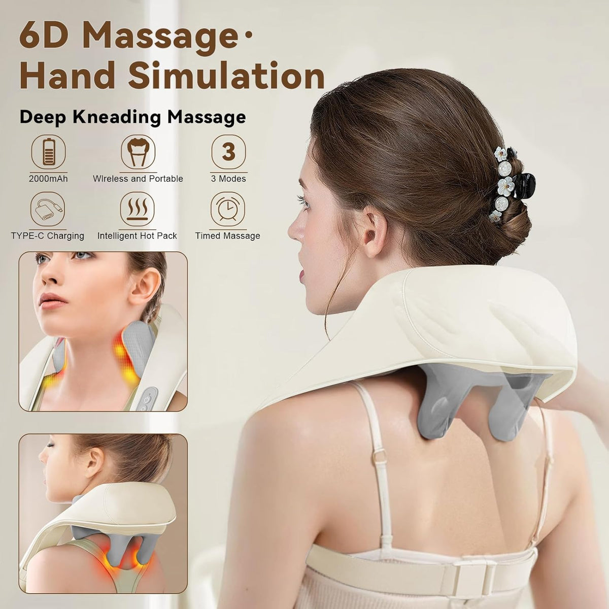 Neck Massage with Heat – Cordless Rechargeable Comfort Massager with 6 Rotating Nodes, Adjustable Speeds for Neck, Back, Shoulders, Legs &amp; Feet – Home, Office or Travel Use