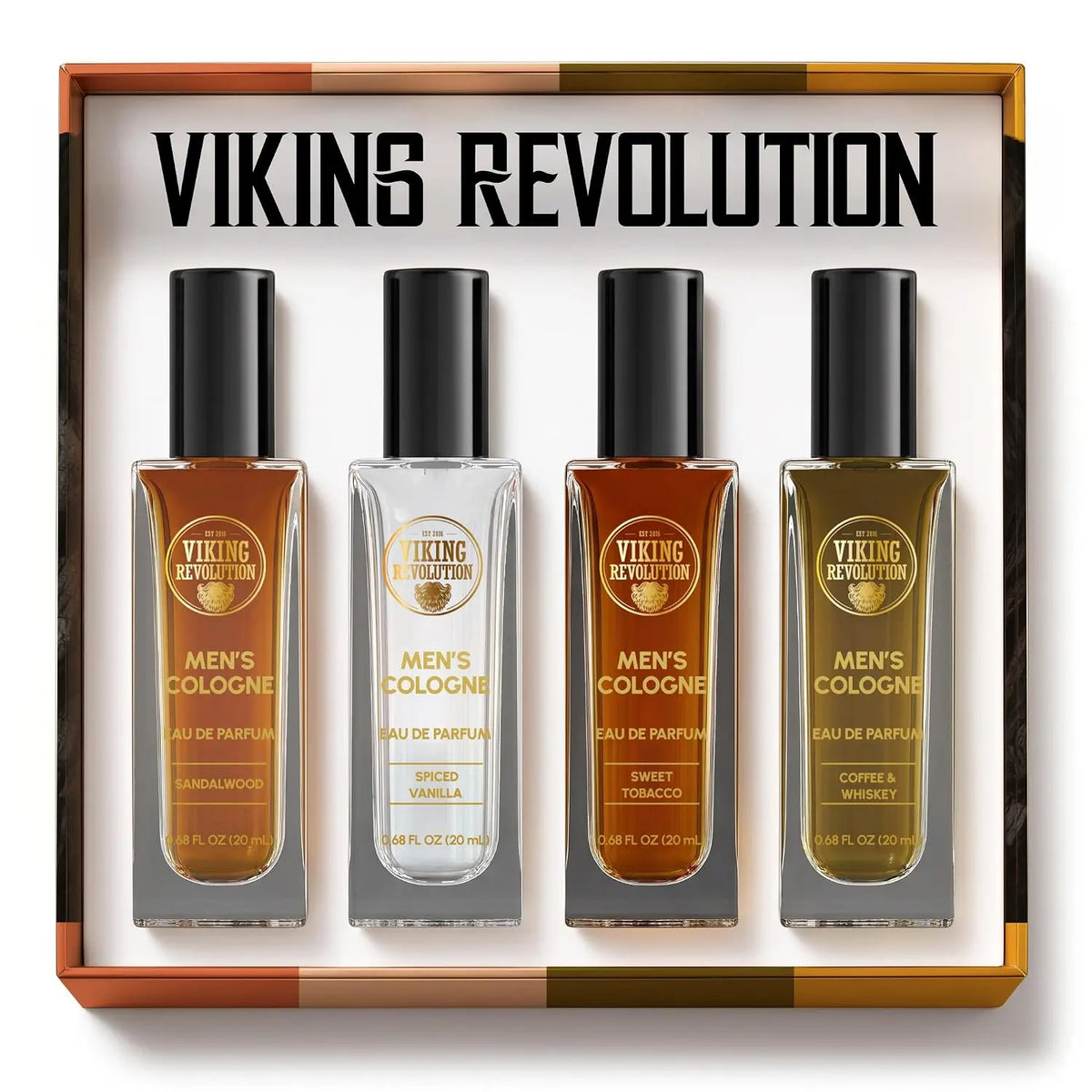Viking Revolution Mens Cologne Sampler Sets - Travel Size Cologne for Men with Sandalwood, Spiced Vanilla, Coffee &amp; Whiskey, Sweet T - Perfume Gift Set (4 Pack, 0.68Fl Oz Each)