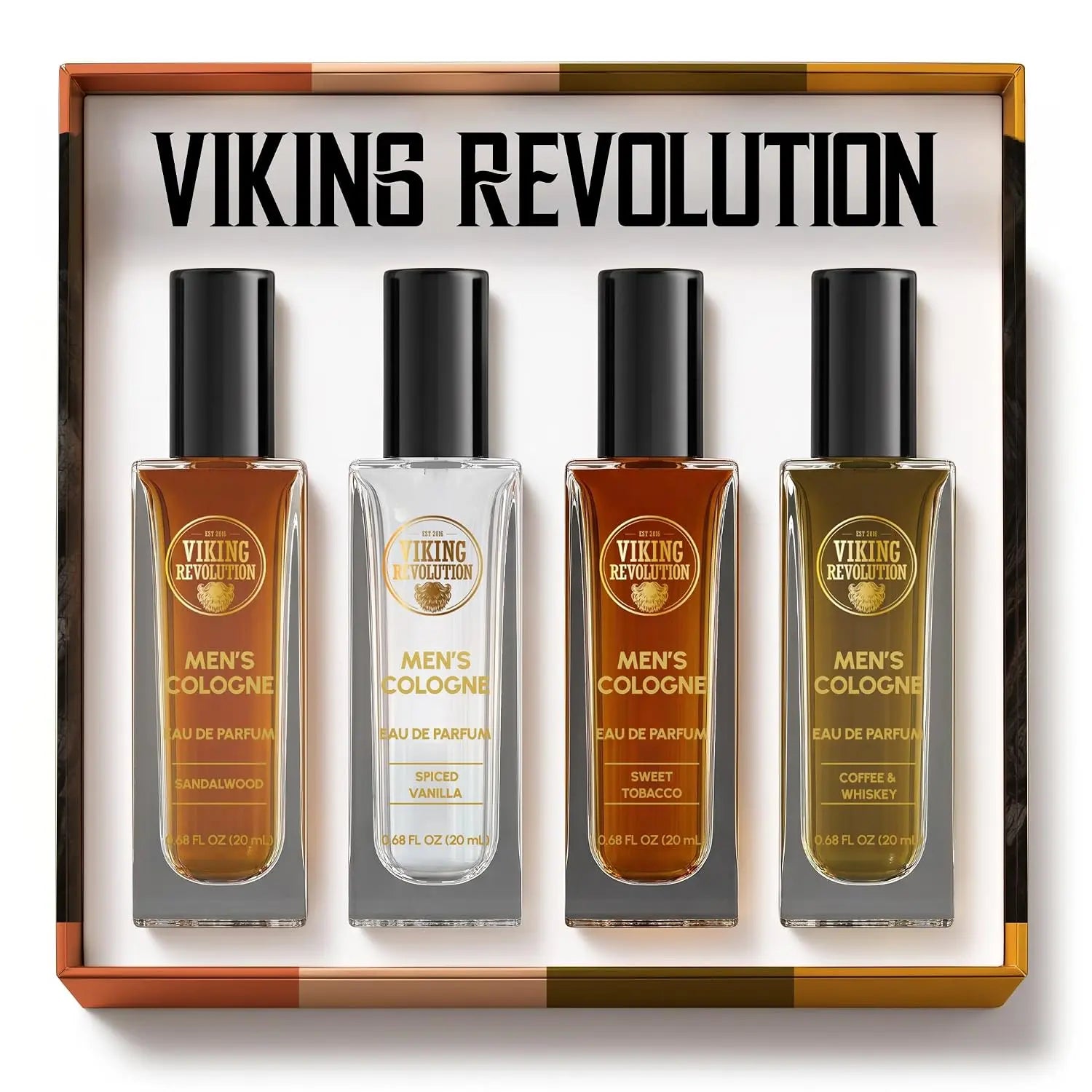 Viking Revolution Mens Cologne Sampler Sets - Travel Size Cologne for Men with Sandalwood, Spiced Vanilla, Coffee &amp; Whiskey, Sweet T - Perfume Gift Set (4 Pack, 0.68Fl Oz Each)