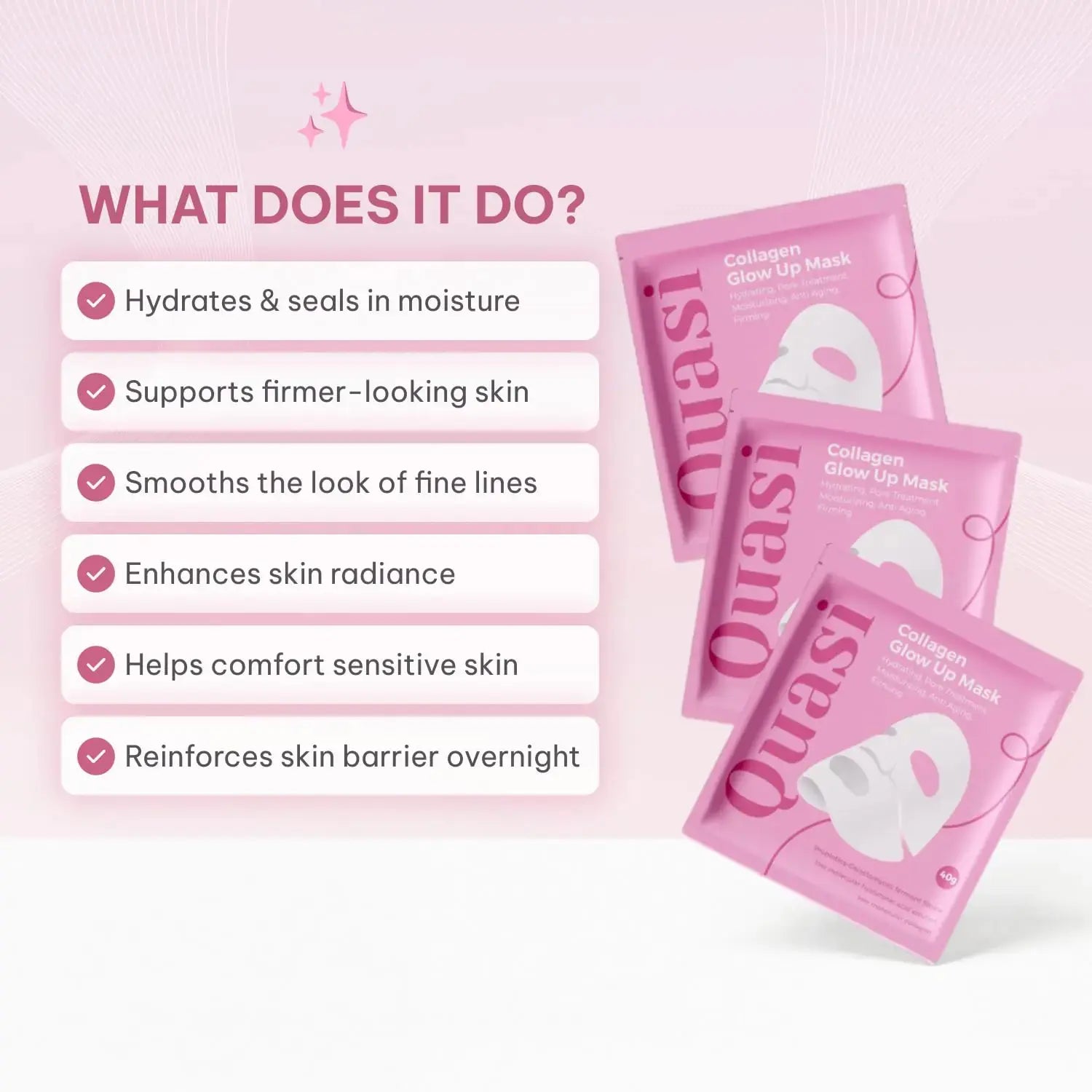 Quasi Collagen Glow up Mask 2.0, Quasi Biocollagen Face Mask, Firm Skin Deep Hydratingmasks for Wrinkle Reduction and Poreminimization - Glow like Glass Skin