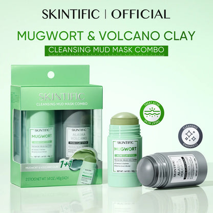 SKINTIFIC Mugwort &amp; Volcano Clay Stick Twin Combo - Glycolic Acid &amp; Salicylic Acid Exfoliating Duo - Gentle Non-Drying Clay Mask Sticks