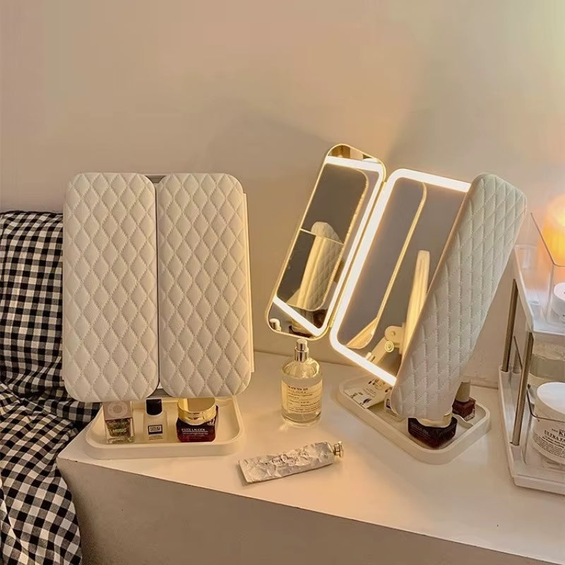 Trifold Makeup Mirror LED Lights Dorm Dressing Mirror Beauty Light up Your Fill Light with Smart Complementary Makeup Mirror Tri