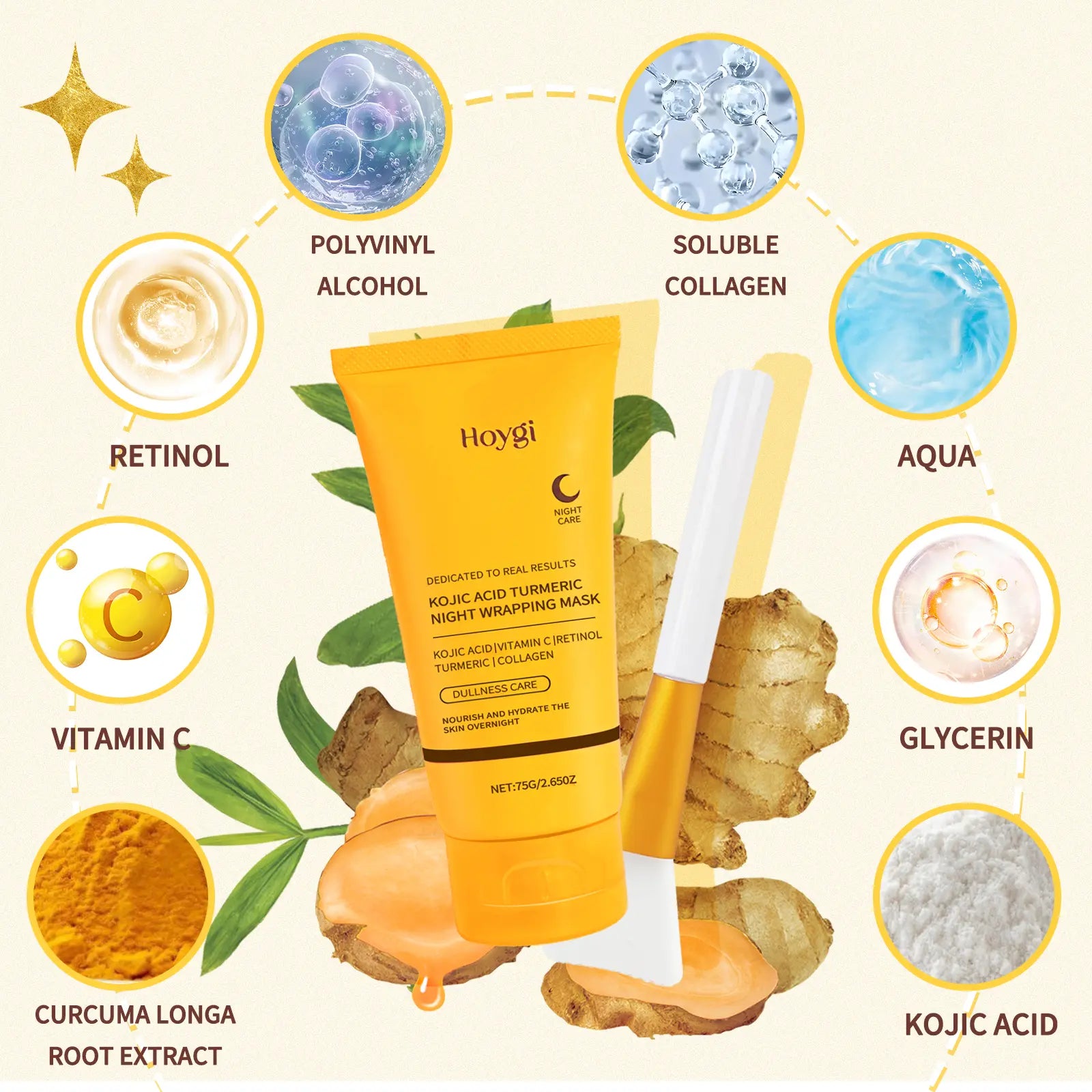 Overnight Facial Peel with Turmeric &amp; Collagen - Exfoliating &amp; Brightening Treatment to Hydrate Acne Prone Skin, Includes Silicone Brush, Nourishing, Kojic Acid, Adults, Dry, Sensitive, Mask, Skin Care Products, Radiant, Gentle, Peel-Off, Wrap Mask