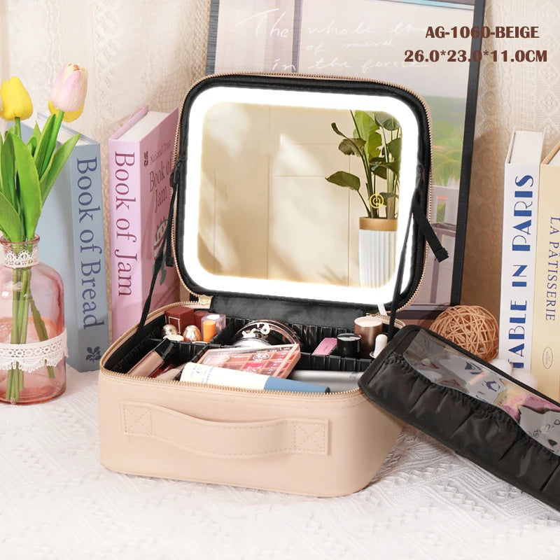 portable travel makeup storage with LED mirror