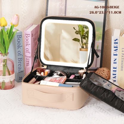 portable travel makeup storage with LED mirror