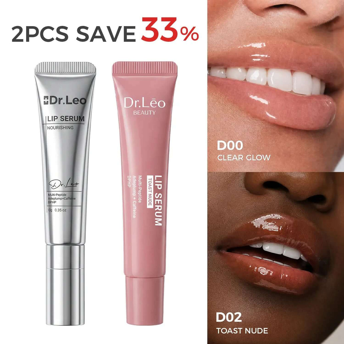 Dr.Leo Tinted Peptide Lip Serum – Brightens Dull-Looking Lips &amp; Smooths Lip Lines, Sheer-To-Buildable Glossy Color + Hydrating Lip Care, Pink Dew / Toast Nude, 15G 