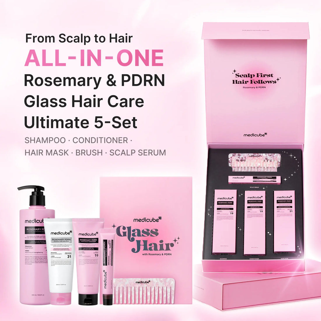 [LIMITED EDITION] Rosemary PDRN Hair Care Set | ALL-IN-ONE 4-Step Routine for Glass Hair | Shampoo, Conditioner, Hair Mask, Scalp Serum + FREE Brush | Care for Damaged, Frizzy Hair, Split Ends, Flaky &amp; Weakened Scalp | Korean Hair Care