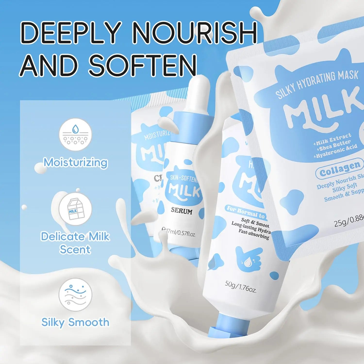 14PCS Milk Skincare Gift Set for Girls &amp; Women, Facial Care Kit with Cleanser, Toner, Serum, Eye Cream, Hand Cream, Face Masks, Headband &amp; Travel Cosmetic Bag, Hydrating &amp; Nourishing Skin Care Set