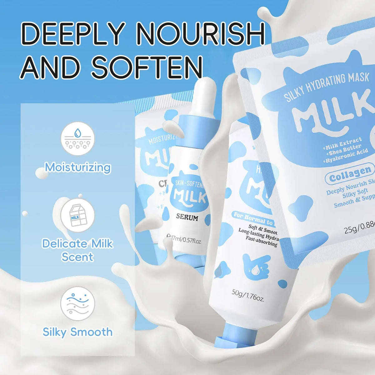 14PCS Milk Skincare Gift Set for Girls &amp; Women, Facial Care Kit with Cleanser, Toner, Serum, Eye Cream, Hand Cream, Face Masks, Headband &amp; Travel Cosmetic Bag, Hydrating &amp; Nourishing Skin Care Set