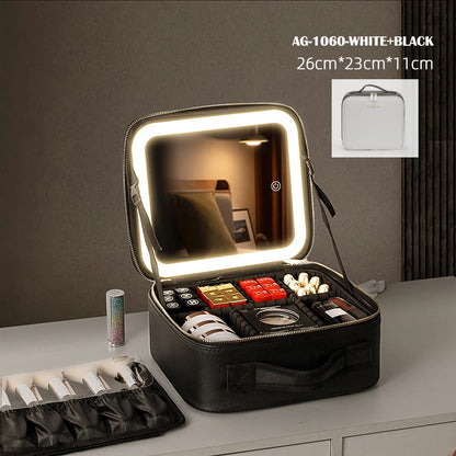 portable travel makeup storage with LED mirror