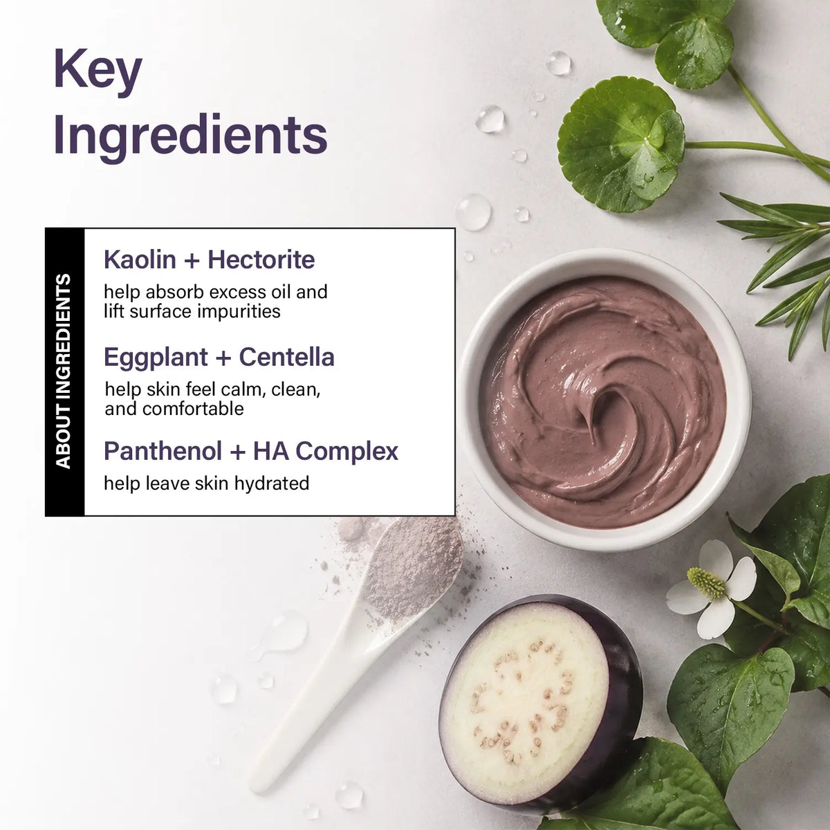 [ Puolern ] Smooth &amp; Clearing Eggplant Clay Mask, Deep Cleansing Face Care with Kaolin, Centella &amp; Hyaluronic Acid, 80 G