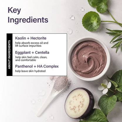[ Puolern ] Smooth &amp; Clearing Eggplant Clay Mask, Deep Cleansing Face Care with Kaolin, Centella &amp; Hyaluronic Acid, 80 G