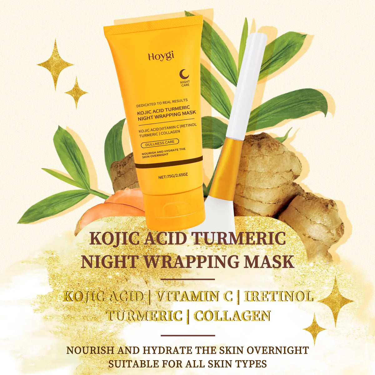 Overnight Facial Peel with Turmeric &amp; Collagen - Exfoliating &amp; Brightening Treatment to Hydrate Acne Prone Skin, Includes Silicone Brush, Nourishing, Kojic Acid, Adults, Dry, Sensitive, Mask, Skin Care Products, Radiant, Gentle, Peel-Off, Wrap Mask