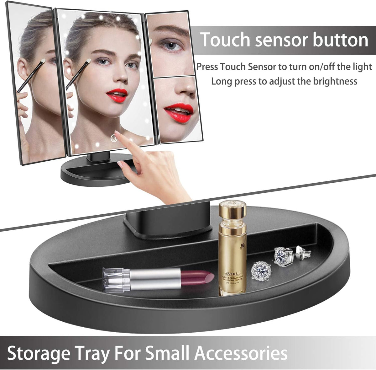 Tri-Fold Lighted Vanity Makeup Mirror with 21 LED Lights, Touch Screen and 3X/2X/1X Magnification Mirror, Two Power Supply Mode Tabletop Makeup Mirror,Travel Cosmetic Mirror