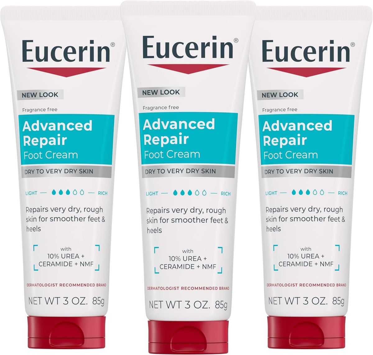 Advanced Repair Foot Cream with Urea, Mulitpack, 3 X 3 OZ | Fragrance Free Foot Cream for Dry Feet, with Urea, Ceramide and NMF, Repairs Rough Skin, Smoother Feet and Heels, Travel Size