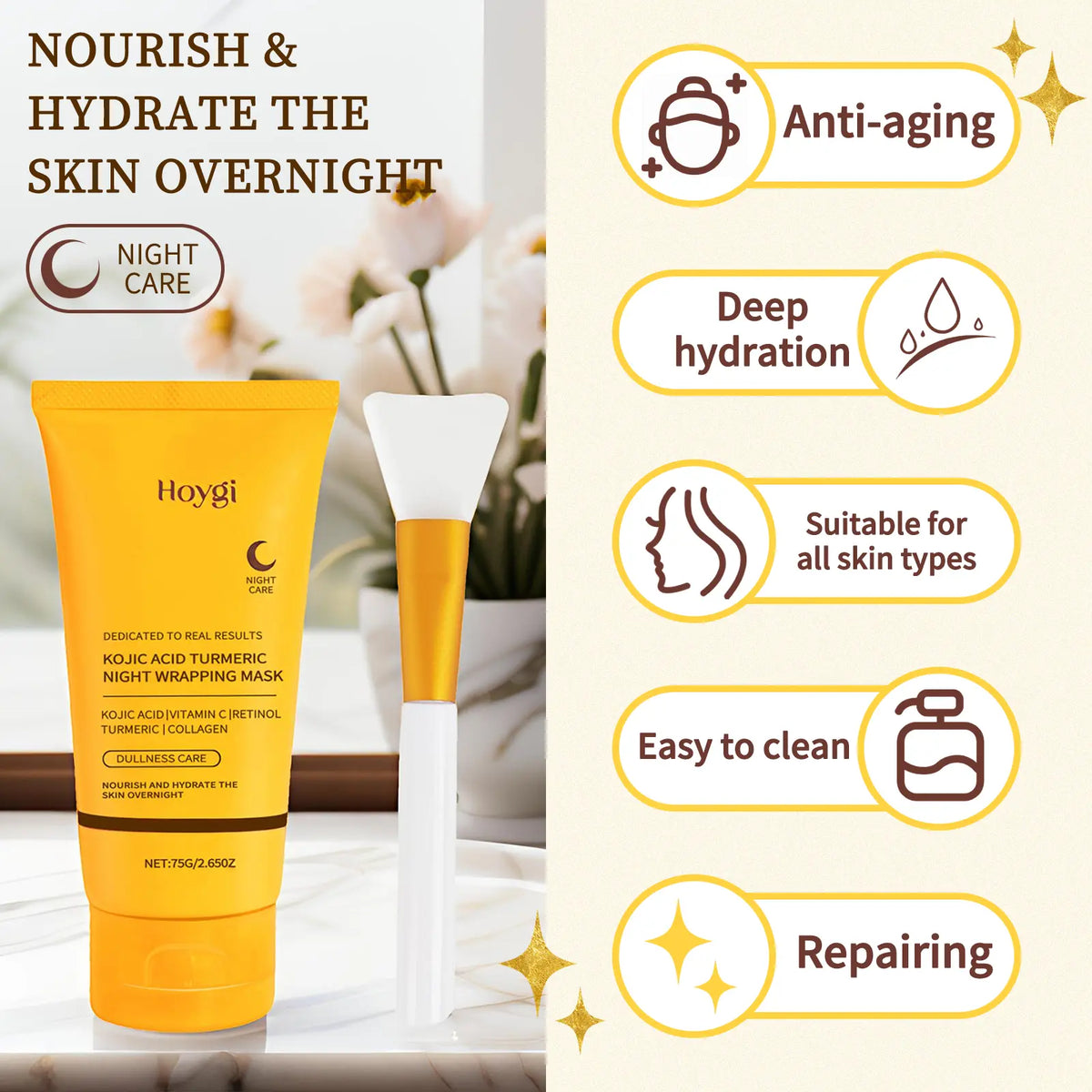 Overnight Facial Peel with Turmeric &amp; Collagen - Exfoliating &amp; Brightening Treatment to Hydrate Acne Prone Skin, Includes Silicone Brush, Nourishing, Kojic Acid, Adults, Dry, Sensitive, Mask, Skin Care Products, Radiant, Gentle, Peel-Off, Wrap Mask