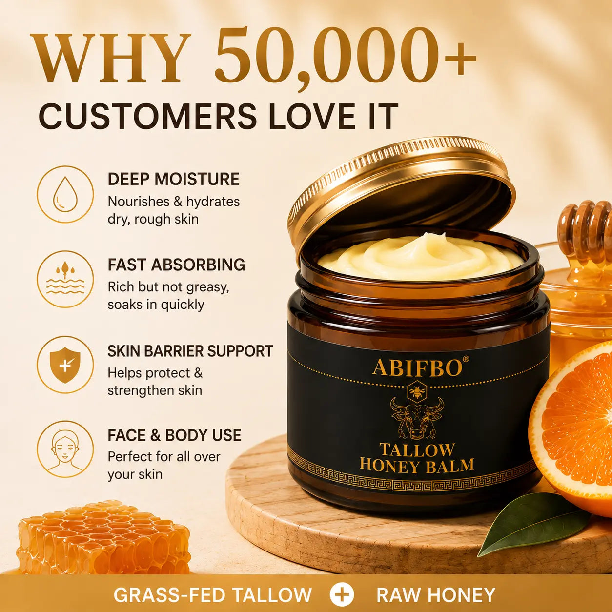 Grass-Fed Beef Tallow Cream with Raw Honey, Deep Moisturizer for Dry Sensitive Skin, Nourishing Face &amp; Body Cream, Natural Clean Skincare for Soft Smooth Skin