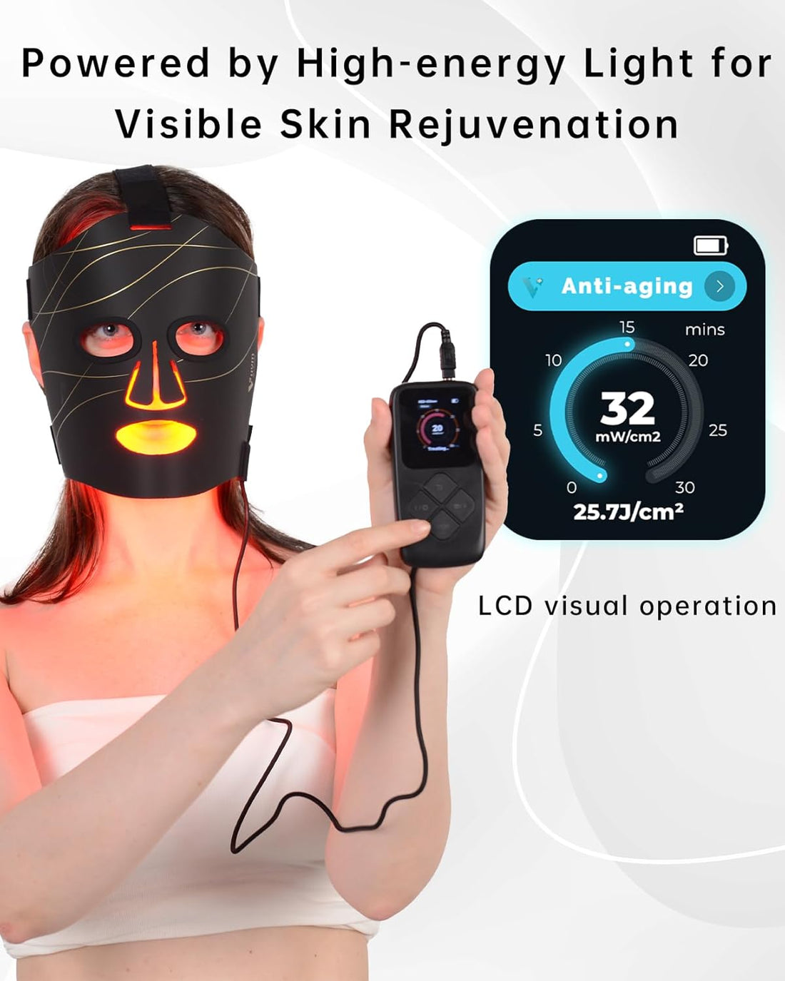 Infrared Red Light Therapy Mask for Face with Rechargeable LCD Controller | 292 Leds 15W Adjustable Time &amp; Intensity, 830Nm 633Nm 590Nm, Ultra-Thin 1.8Mm Flexible Silicone Design, Gen 1 Black Line