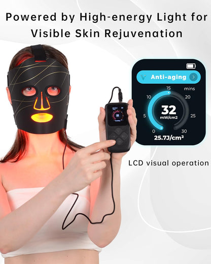 Infrared Red Light Therapy Mask for Face with Rechargeable LCD Controller | 292 Leds 15W Adjustable Time &amp; Intensity, 830Nm 633Nm 590Nm, Ultra-Thin 1.8Mm Flexible Silicone Design, Gen 1 Black Line